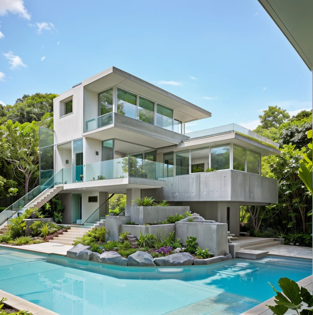MODERN HOUSE, A wide-angle shot shows the front view of a contemporary two-story villa with glass windows, surrounded by lush greenery. It features an outdoor pool area with natural light. Stone pathways lead to the swimming pool in the yard, adorned with vibrant plants, Taken on a Canon EOS R5, white wall, concrete, ((big front yard)), 