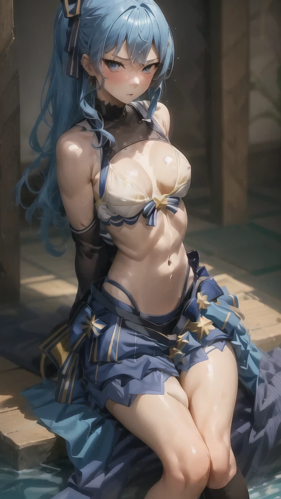 1girl, tied up hands behind back, scared, wearing bikini, hoshimachi suisei, tied legs as well, blue hair, blue eyes, detailed belly, attractive physique, sexy figure, looking at viewer with disgust.