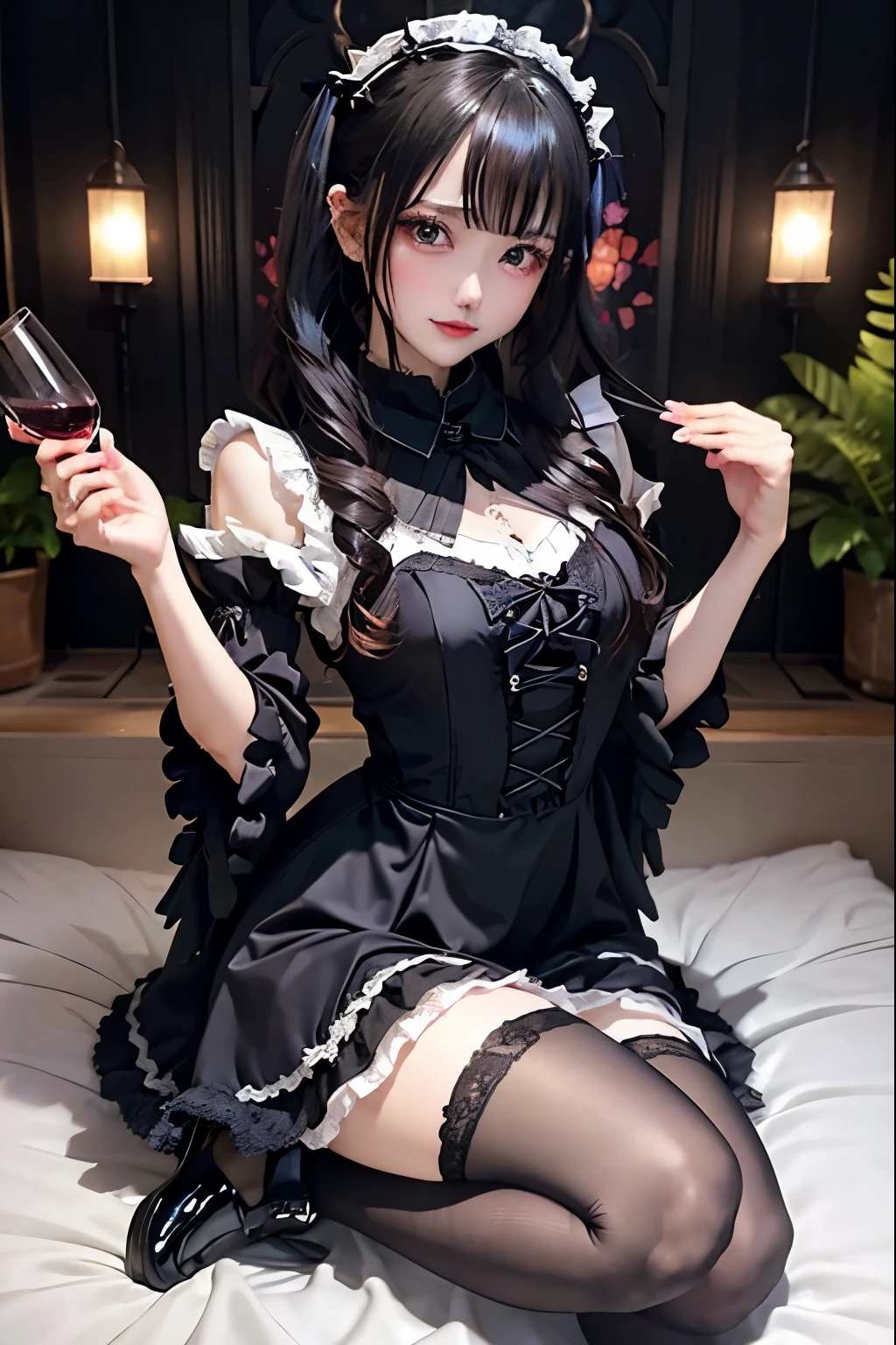 ハードなDark Gothicメイク、Black dark eyeshadow、sad、Good skin radiance、Dark Gothicメイク、Dark smile、palace、The beauty of fragrance、24-years-old、Expression of intense sexual pleasure、Embarrassed look、Dark Gothic、Highest quality、Expression of sexual pleasure without pain、Drunk face、Purple maid outfit、Mysterious、Noble、sexy、Loving smile、Twin tail hair、Right blue eye、Left eye is red、Super tempting pose、Platform Heel Shoes、Heavy makeup、Gothic Lolita clothes、Silver Hair、Long Hair Straight Hair、Cute Gothic Lolita Dress、Beautiful Face、elegant features、Attractive face、Stained glassを背景に、Chest glistening with sweat、The room is dark、goth long dress、Bell Sleeves、Wizard Sleeve、Decadent look、Sexually excited expression、Glossy thighs wet with water、Thighs that are wet and shiny with oil、Background of a room full of roses、sad表情、Rose Maiden、The embroidery is pink、The dress has pink embroidery.、Thigh-high socks、Knee-high socks、Gentle expression、Dark black eyeshadow、Stained glassとバラの背景、thighs are a little thin、Female Duo、Female couple、dark church background、Stained glass、Black metal world、Dark Castle、Dark Room、Slender body、gothic long dress、Victorian dress、Small breasts、Hold the wine in your right hand、Hold the lantern in your left hand、pantyhose、The bed is covered with roses、Her thighs are shining with sweat、My body is wet and shiny、Lots of glitter on the thighs、sweating、私の太ももはsweatingでベタベタしている、Sweat glistening on my thighs、The whole body is sweaty and shiny、I sweated a lot.、My thighs are sweaty、Wet thighy thighs are shining with sweat、A lot of sweat glistening all over the body、Slender body、Put your head on the pillow、Sleeping on a bed、Beautiful legs、Stretching legs、Lie down in bed、Lie on your back in bed、Thin legs、