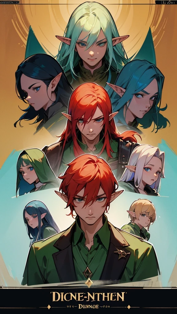((best resolution, high definition, Movie Photos, adventurer picture, professional portrait, RPG character posters, Such as Dungeon and Dragons heroes.)), There was a man with red hair and a green shirt., ภาพเหมือนของลูกครึ่งMale Elf, Portrait of a young half-elf wizard., Male Elf, เรนเจอร์Male Elf, half-elf man, Epic RPG visuals, Fantasy RPG, symmetrical images,, Portrait of dnd character, Full body image of DND character, Portrait of an elf