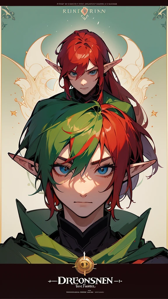 ((best resolution, high definition, Movie Photos, adventurer picture, professional portrait, RPG character posters, Such as Dungeon and Dragons heroes.)), There was a man with red hair and a green shirt., ภาพเหมือนของลูกครึ่งMale Elf, Portrait of a young half-elf wizard., Male Elf, เรนเจอร์Male Elf, half-elf man, Epic RPG visuals, Fantasy RPG, symmetrical images,, Portrait of dnd character, Full body image of DND character, Portrait of an elf