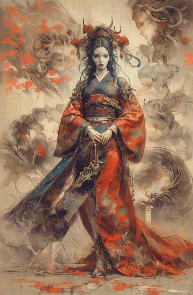 Beautiful female warrior painting, A strong female warrior, Superhuman Strength of a Demon, A female swordsman with demonic strength, Female Bodyguard, The Female Swordsman Who Killed 100 Men, Combat pose, Beautiful black-haired demon, Beautiful red kimono, Battle-crazed demon woman, Queen of Asura, Master of Iaigiri, Hold the hilt of the sword, Inspired by Chen Yifei, Works that influenced Francesco Hayes, Inspired by Hendrik Terbruggen, Jean=Works that influenced Auguste Dominique Ingres, Inspired by Liu Jun, Jean=Works that influenced Auguste Dominique Ingres, Demon woman with a Japanese sword, Strong samurai, Sharp eyes with long slits, Beautiful and delicate eyes, Beautiful red kimono, Five fingered hand, Oiran, Inspired by Chen Yifei, Works that influenced Francesco Hayes, Inspired by Hendrik Terbruggen, Jean=Works that influenced Auguste Dominique Ingres, Inspired by Liu Jun, Jean=Works that influenced Auguste Dominique Ingres, Cinematic Light, Figurative art, Beautiful and expressive paintings, Beautiful artwork illustration, wonderful, Cool Beauty, women only, Sharp contours, pretty much beautiful face, Digital art by Ludwik Konarzewski, Featured on cgsociety, Gothic art, photography of albert watson, albert watson, Paolo Roversi, Natalie Shaw Tom Bagshaw, Vrop and Andrey Ryabovitchev, steven meisel, Very detailed, Super complicated, High-quality images、Full Body Shot、Multiple Exposure Photography、wonderful効果のある画像を作成する、Use a glamorous style、Digital art inspired by Ignacy Witkiewicz, Featured on cgsociety, Gothic art, Natalie Shaw, Tom Bagshaw, Profile photo 1024px, Highest quality, The perfect angle, Perfect composition, Best Shot, Official Art, Cinematic Light, Figurative art, Beautiful and expressive paintings, Beautiful artwork illustration, wonderful, Cool Beauty, clear, mysterious, Highest quality, Official Art, Perfect composition,The perfect angle, Best Shot, Female Solo, Sharp contours, pretty much beautiful face, Five fingered hand