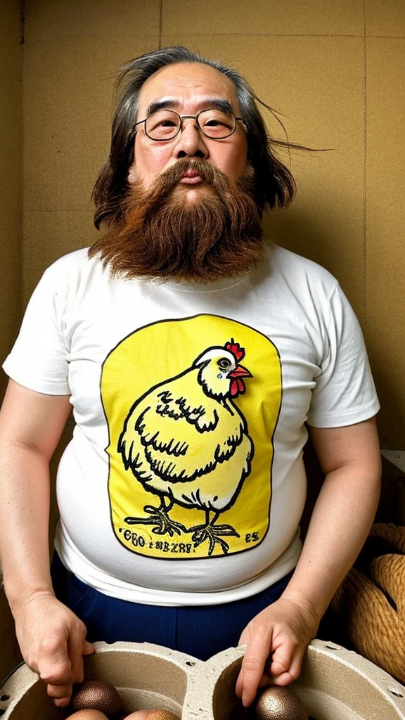 T-shirt of a chicken that lays golden eggs, a lot of golden eggs, Japanese, old man, fat, long hair, beard, eyes popped out