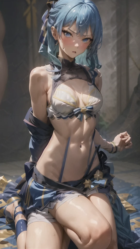 1girl, tied up hands behind back, scared, wearing bikini, hoshimachi suisei, tied legs as well, blue hair, blue eyes, detailed belly, attractive physique, sexy figure, looking at viewer with disgust.