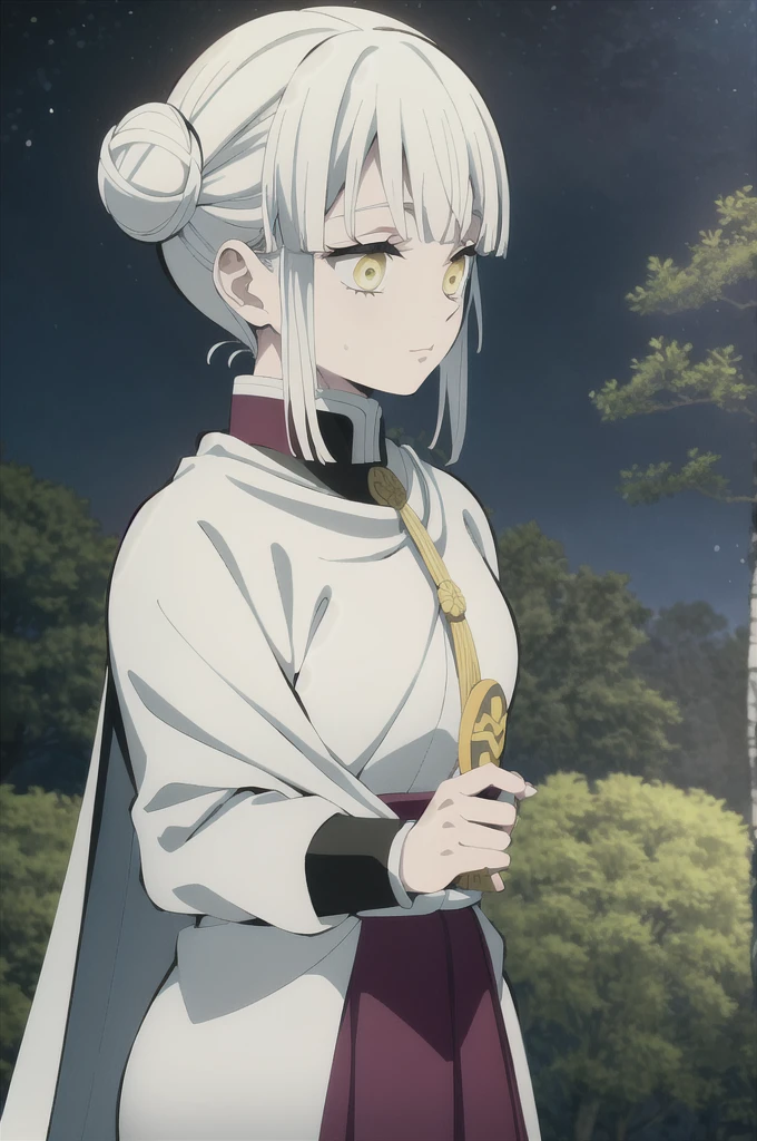 kimetsu no yaiba style, 1girl, white hair in a bun, demon slayer uniform, solo, yellow eyes,holds a katana ,white hair, black cape, cape, outdoors, bangs, tree,, anime coloring, ((masterpiece)) , night background , beautiful girl, cute, solo.