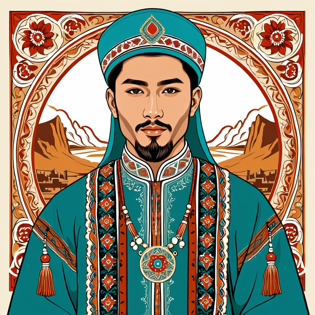 man in kazahstan folk outfit, vector graphics, strong contours
