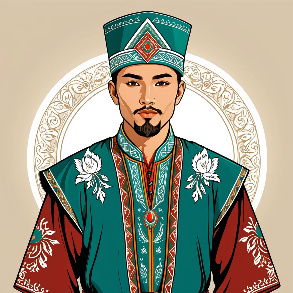 man in kazahstan folk outfit, vector graphics, strong contours