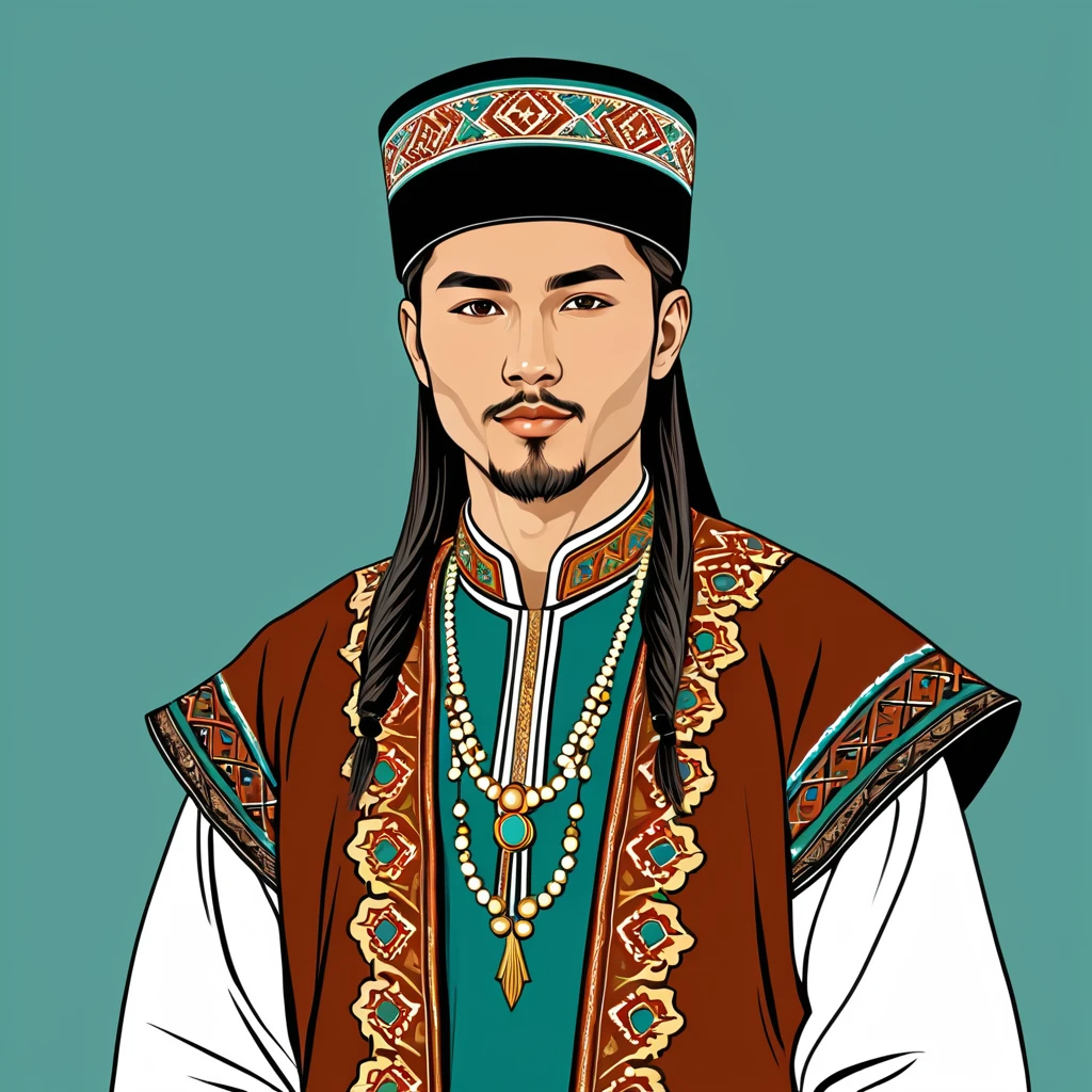 man in kazahstan folk outfit, vector graphics, strong contours
