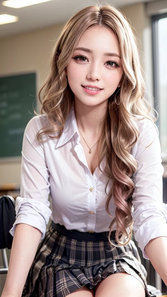 Realistic, masterpiece, highest quality, highest resolution, one Japanese high school girl, 16 years old, upper body photo, She narrows her eyes and looks at me with a shy smile and a smile, smiling with open mouth, Beautiful and detailed eye drawing, (droopy eyes:1.3), black eyes, thin eyebrows, Carefully draw eyelashes, A little tooth is visible, gal makeup, (Pink gold wavy hair, midium hair, middle part:1.3), (hidden creased eyelids:1.3), He is wearing a neat white button-up shirt., She is wearing a short pleated skirt with a gray plaid pattern, A was photographed from below at an angle, school classroom