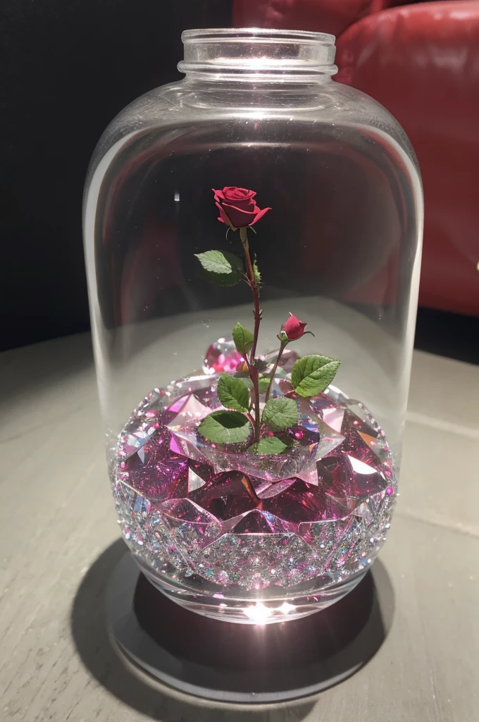 A single rose in a fantastic round crystal bottle、Sparkling、8k、crystal
