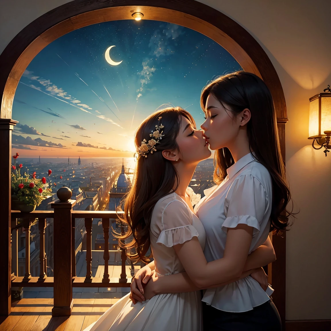 (masterpiece, best quality:1.5), two women is deeply in love with each other, kiss, romantic atmosphere, flower and moon, magnificent panorama view