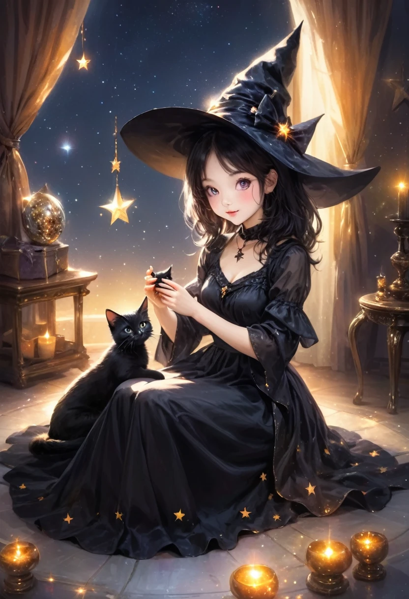  witch, Sitting elegantly and playing with a black kitten,The background is a glittering star