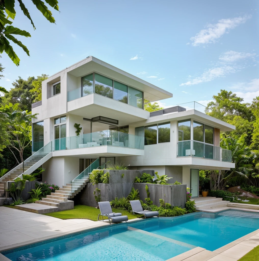 MODERN HOUSE, A wide-angle shot shows the front view of a contemporary two-story villa with glass windows, surrounded by lush greenery. It features an outdoor pool area with natural light. Stone pathways lead to the swimming pool in the yard, adorned with vibrant plants, Taken on a Canon EOS R5, white wall, concrete, ((big front yard)),