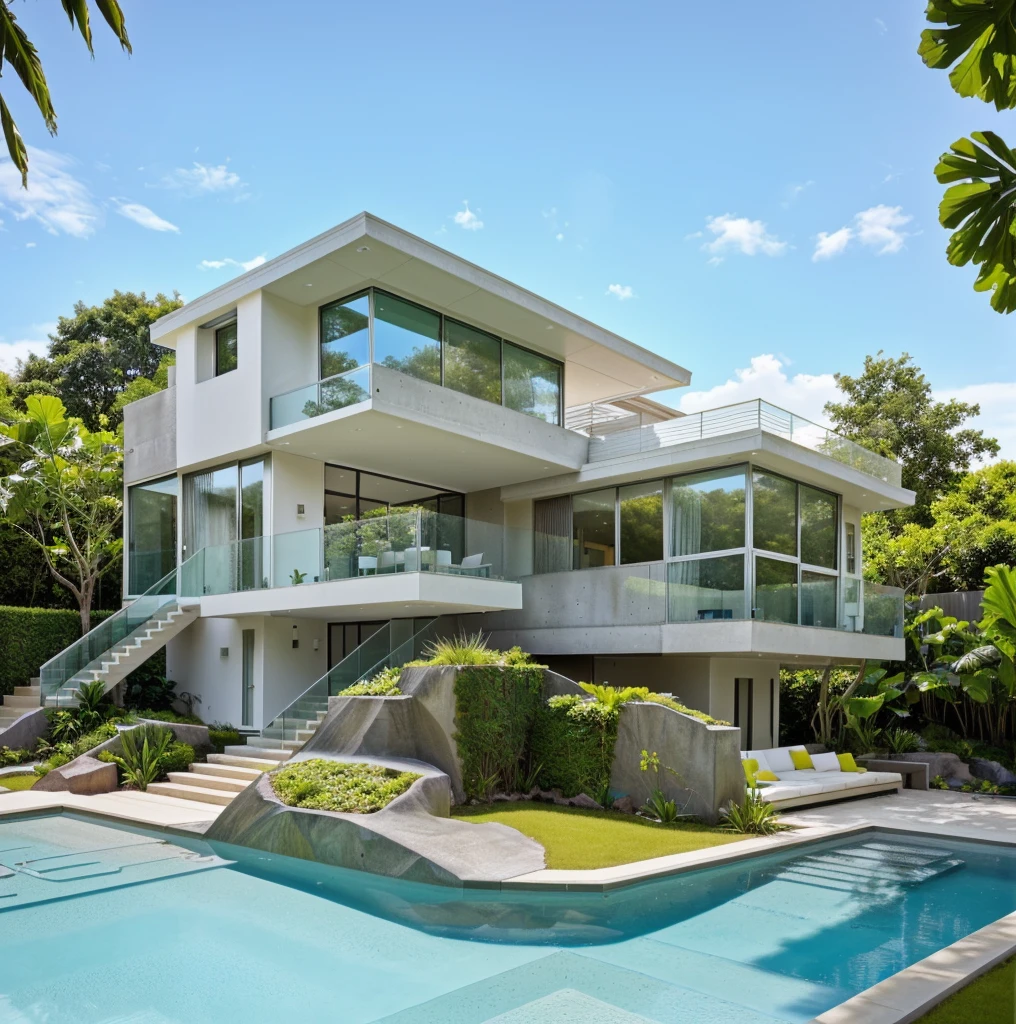 MODERN HOUSE, A wide-angle shot shows the front view of a contemporary two-story villa with glass windows, surrounded by lush greenery. It features an outdoor pool area with natural light. Stone pathways lead to the swimming pool in the yard, adorned with vibrant plants, Taken on a Canon EOS R5, white wall, concrete, ((big front yard)),