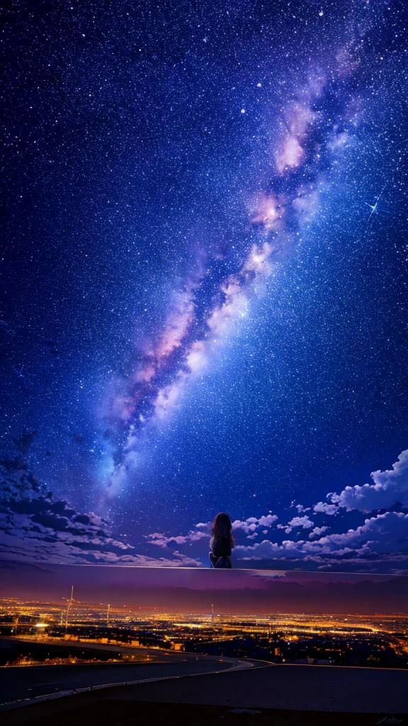 octans, sky, star (sky), scenery, starry sky, night, 1girl, night sky, solo, outdoors, building, cloud, milky way, sitting, tree, long hair, city, silhouette, cityscape