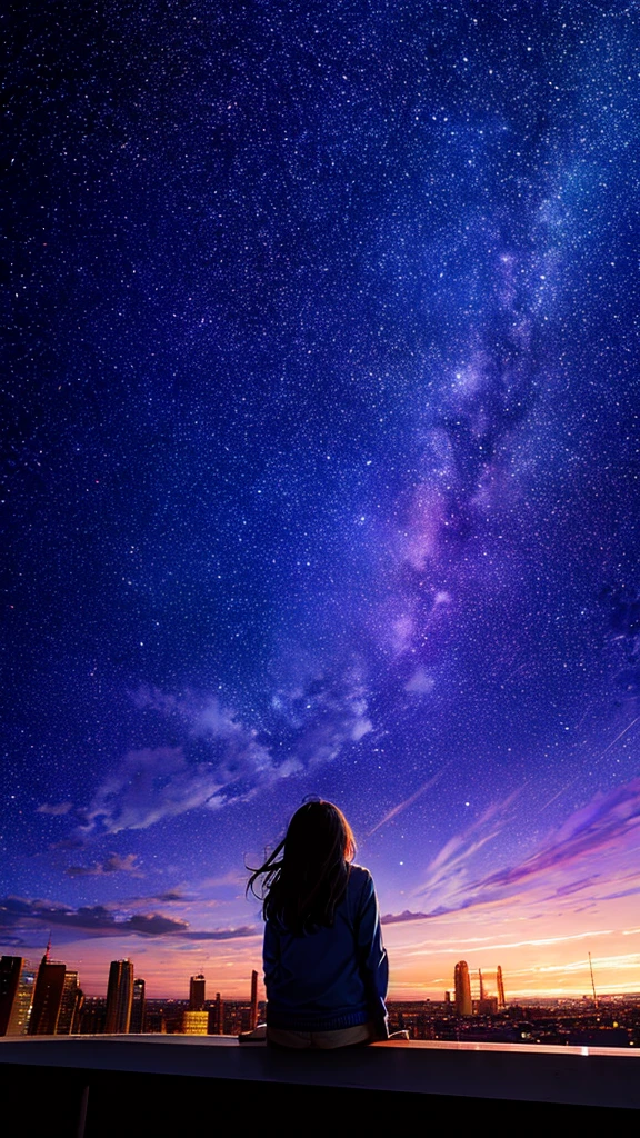 octans, sky, star (sky), scenery, starry sky, night, 1girl, night sky, solo, outdoors, building, cloud, milky way, sitting, tree, long hair, city, silhouette, cityscape