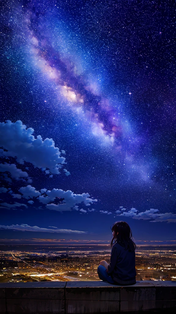 octans, sky, star (sky), scenery, starry sky, night, 1girl, night sky, solo, outdoors, building, cloud, milky way, sitting, tree, long hair, city, silhouette, cityscape