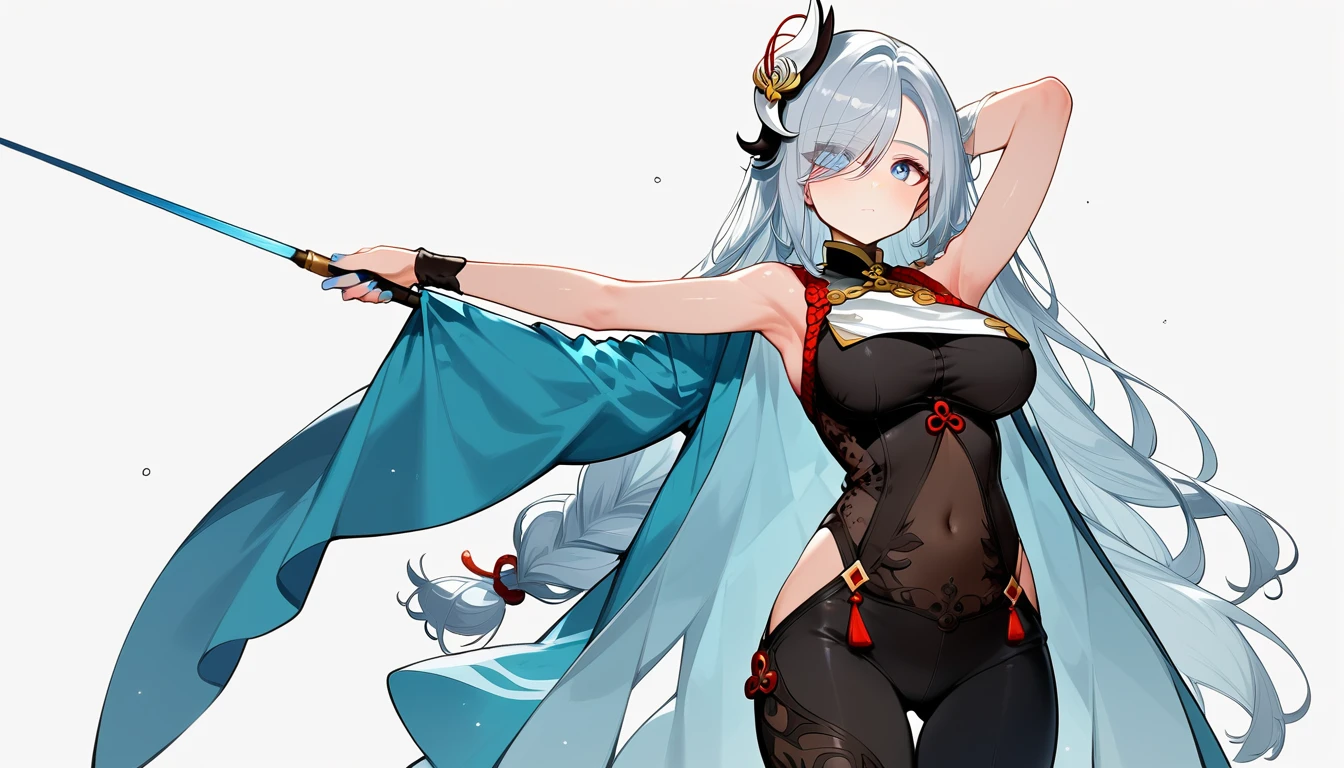 (score_9:2.0), (ai-generated:1.2), (Maximize Detail Slider:1.2), (Insanely Detailed:1.2), (easynegativev2:1.2), (source_real:1.2) BRAKE (score_9:2.0), 1girl, solo, long hair, breasts, looking at viewer, blush, bangs, blue eyes, large breasts, simple background, hair ornament, white background, bare shoulders, very long hair, closed mouth, braid, grey hair, thighs, cowboy shot, sleeveless, armpits, nail polish, hair over one eye, arm up, bare arms, bodysuit, covered navel, thigh gap, eyes visible through hair, tassel, blue nails, arm behind head, braided ponytail, black bodysuit, hip vent, shenhe \(genshin impact\), cinematic lighting, practical light, 100mm Canon Lens, production quality, depth of field, cinema photography, intricately-detailed, professional color grading, exquisite details, sharp-focus, long exposure time, F/5.6, diffuse-back-light, award winning photography, realistic photography, unreal engine, realistic lense flare, real lighting, studio lighting, accent lighting, global illumination, ray tracing global illumination, optics, scattering, glowing, shadows, rough, shimmering, lumen reflections, diffraction grating, GB displacement, ray traced, Anti-Aliasing, FKAA, TXAA, RTX, SSAO, shaders, tone mapping, CGI, VFX, SFX.