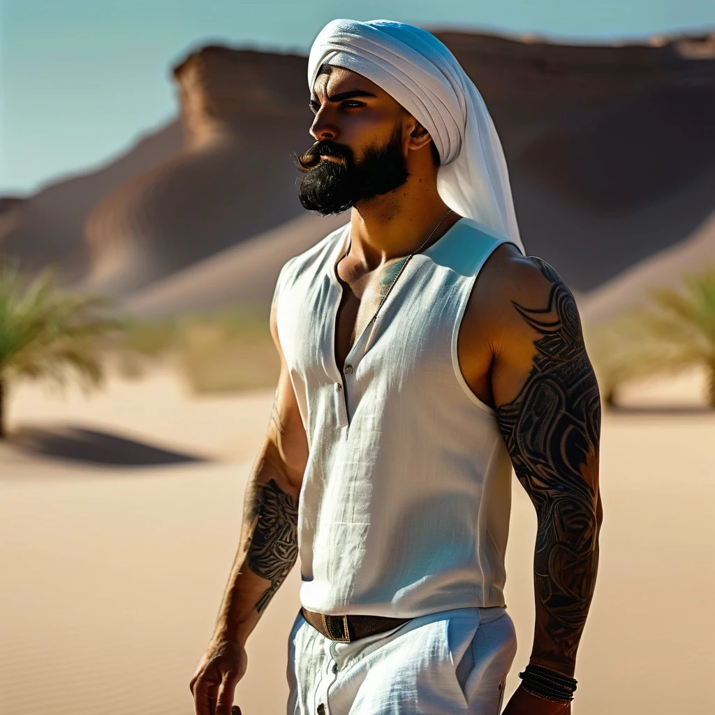 a beautiful model cyberpunk criminal young man, strong muscular man, dark hair, grey eyes, tattooed, short beard, standing in a desert oasis, bare chest, Arabic turban, white linen trousers, looking away from camera, holding a falcon, Skin Textures, High Resolution, Cinematic