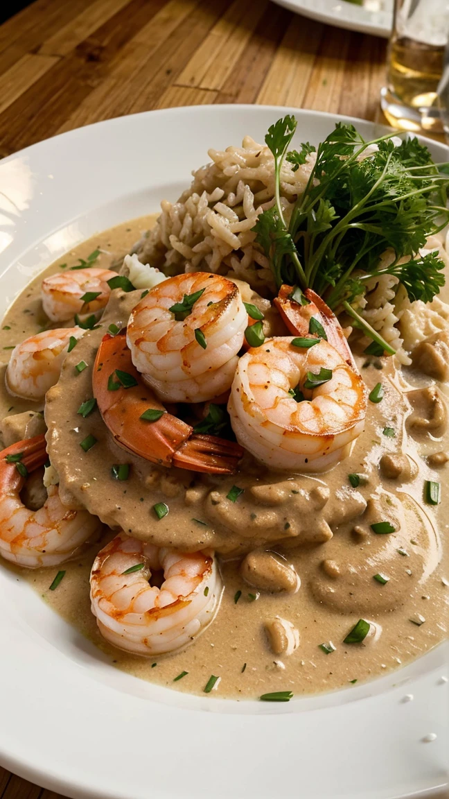 Shrimp stroganoff accompanied by loose white rice sprinkled with chives and parsley and straw potatoes on a beautiful white plate on a wooden table