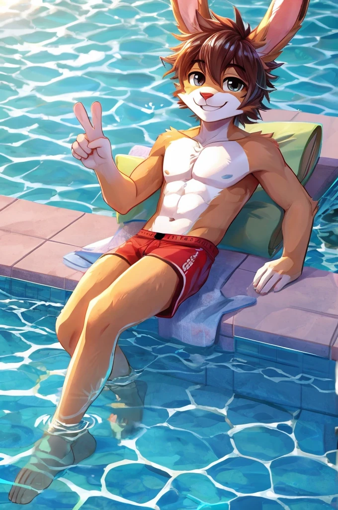 Top shot of an anthropomorphic male teenage rabbit which is relaxing on a pool with crystal clear water, all this while showing a smile on his face, winks and has an arm extended upward while his hand gestures a V sign, the scene is perfectly lit by the midday sun.