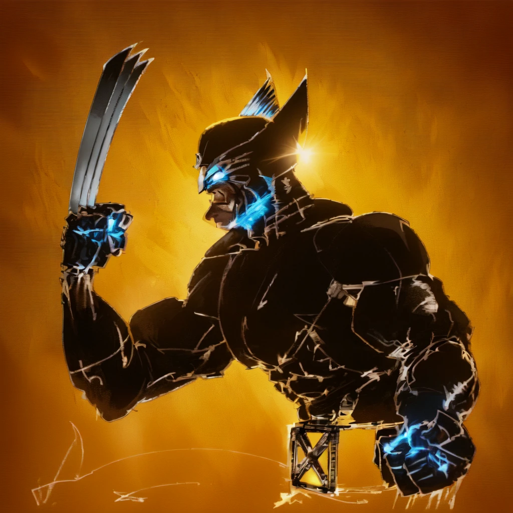 Master Piece, best quality, (extremely detailed CG unity 8k wallpaper), (best quality) 8k detail. wolverine with a three knives coming out of his glove from both hands, wolverine action pose, wolverine, portrait of wolverine, 90s comic book character design, digitally colored, yellow x-man costume, wolverine gloves and helmet are blue, bare skin on arms and face, belt is brown, large X on belt buckle is black inside a red square, menacing pose
