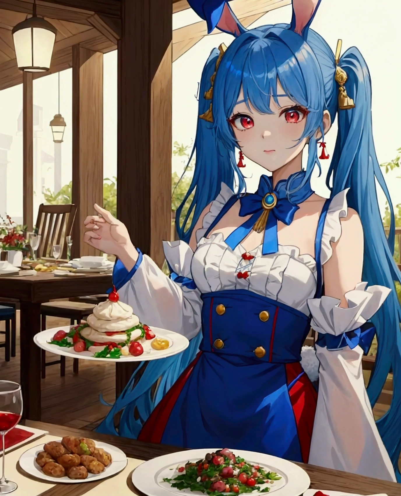 ((최고의 품질)), ((걸작)), (상세한), 여자 1명,Create an anime-style digital artwork of a character with long, blue hair tied into twin tails with bangs, and bright red eyes. The character has rabbit white ears and is wearing a stylish party dress. The setting is a grand feast, with the character sitting in front of a table full of delicious food. The scene should convey a festive and luxurious atmosphere.