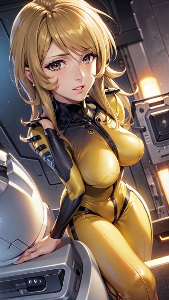 Mature Woman, Woman in a futuristic suit, highly Detailed face, Nice, Very large breasts, (Mature Woman), Adult face, (Mature Woman), Cyber Suit, Anime woman in a tight suit, Milfication, Elegant body, Focus on the navel, nude, gloves, Earrings, sf, Female protagonist, Volumetric Light, Detailed lighting, Detailed Texture, BoobsCyberpunk, Biomechanical , masterpiece, (Top quality eyes), Detailed face, sfの背景, Futuristic landscape, (((Yellow bodysuit))), (Chuby), (((High quality face))), (((High resolution face)))
