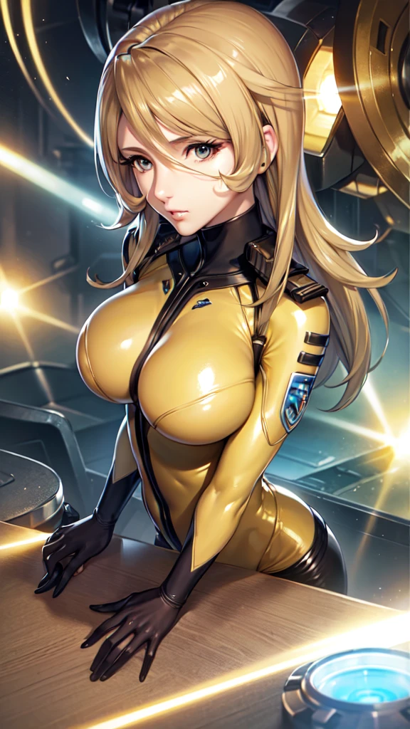 Mature Woman, Woman in a futuristic suit, highly Detailed face, Nice, Very large breasts, (Mature Woman), Adult face, (Mature Woman), Cyber Suit, Anime woman in a tight suit, Milfication, Elegant body, Focus on the navel, nude, gloves, Earrings, sf, Female protagonist, Volumetric Light, Detailed lighting, Detailed Texture, BoobsCyberpunk, Biomechanical , masterpiece, (Top quality eyes), Detailed face, sfの背景, Futuristic landscape, (((Yellow bodysuit))), (Chuby), (((High quality face))), (((High resolution face)))