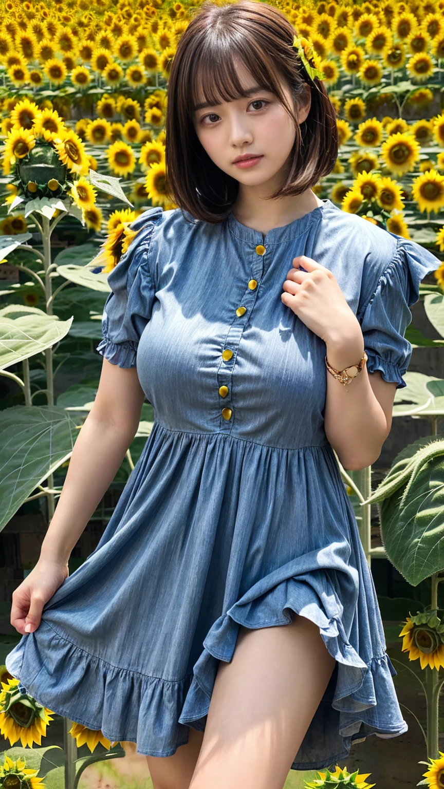 (8K, RAW Photos, Highest quality, masterpiece:1.2), (professional photography, full colors, studio-caliber color grading), (Gravure quality for high-end fashion magazines), close up, BREAK,18 year old girl, (straight hair:1.1), crying a little, Harajuku style, Big Natural Color Lip, (Plumpy body (smooth skin.1 (huge breasts BREAK (((casual dress.3)), BREAK (Sunflower field background)、