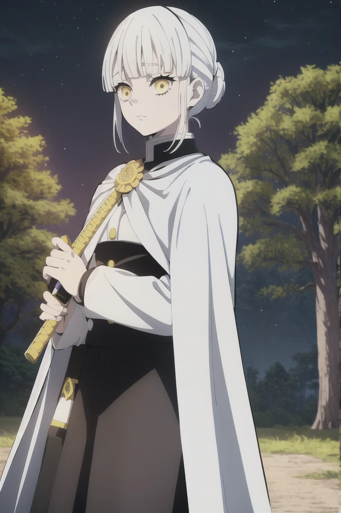 kimetsu no yaiba style, 1girl, white hair in a bun, demon slayer uniform, solo, yellow eyes,holds a katana ,white hair, black cape, cape, outdoors, bangs, tree,, anime coloring, ((masterpiece)) , night background , beautiful girl, cute, solo.