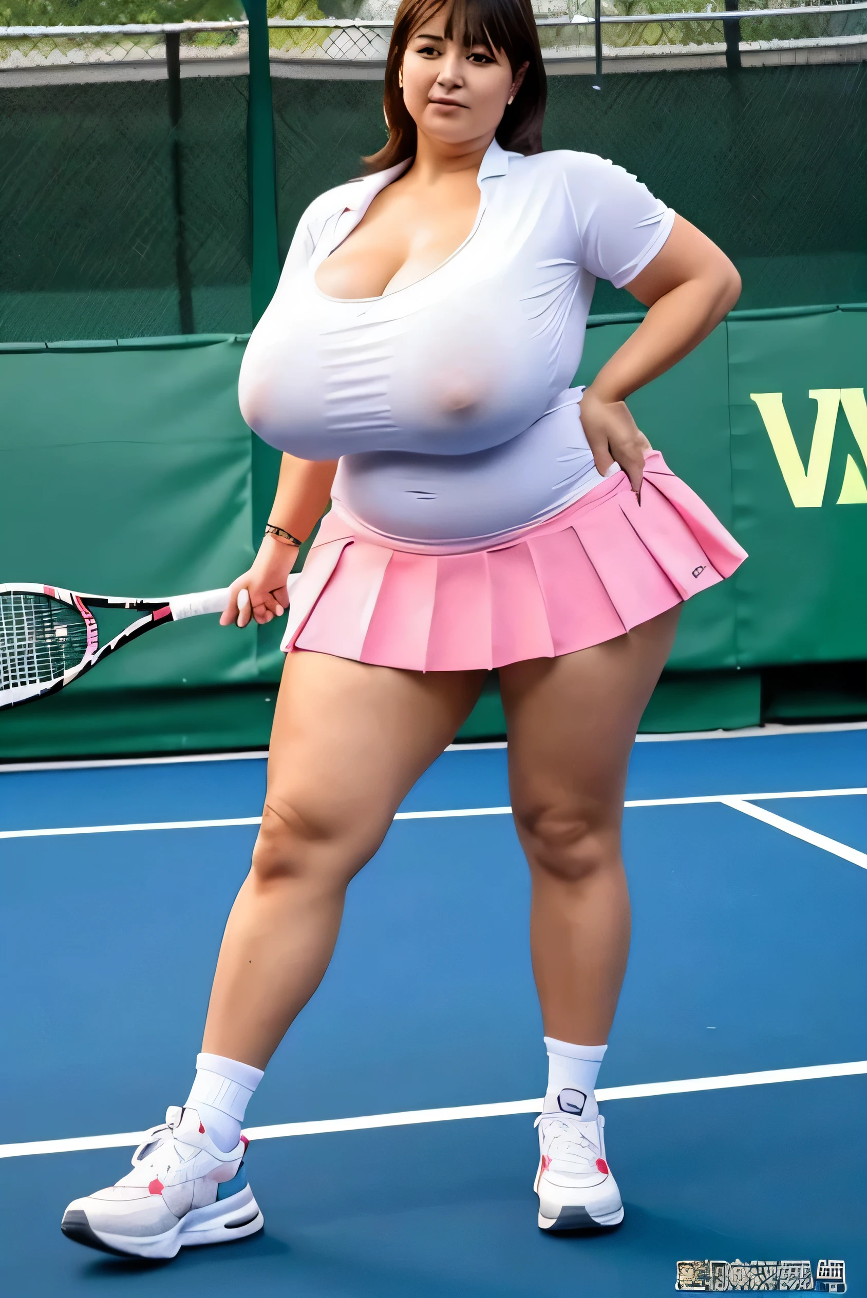 masterpiece,best quality,highres,ultra-detail,(full body),(mature woman), mature woman with a huge breast on a tennis court, 45 years old, mature fat woman, motherly face, playing tennis with large breasts, sneakers, tennis clothes, white shirts, short skirts, tennis rackets, Tennis balls, spectators, stadiums, courts, nipples do not stick out, detailed face, Very big, insanely inflated hips, argest haunches ever, widest hips, she has a jiggly fat round belly, extremely plump, Hyperass, oppai, giant breasts!!, thicc, sfw huge breasts, covered sfw huge breasts, with large breasts, with a large breasts, powerful and huge, immense detail