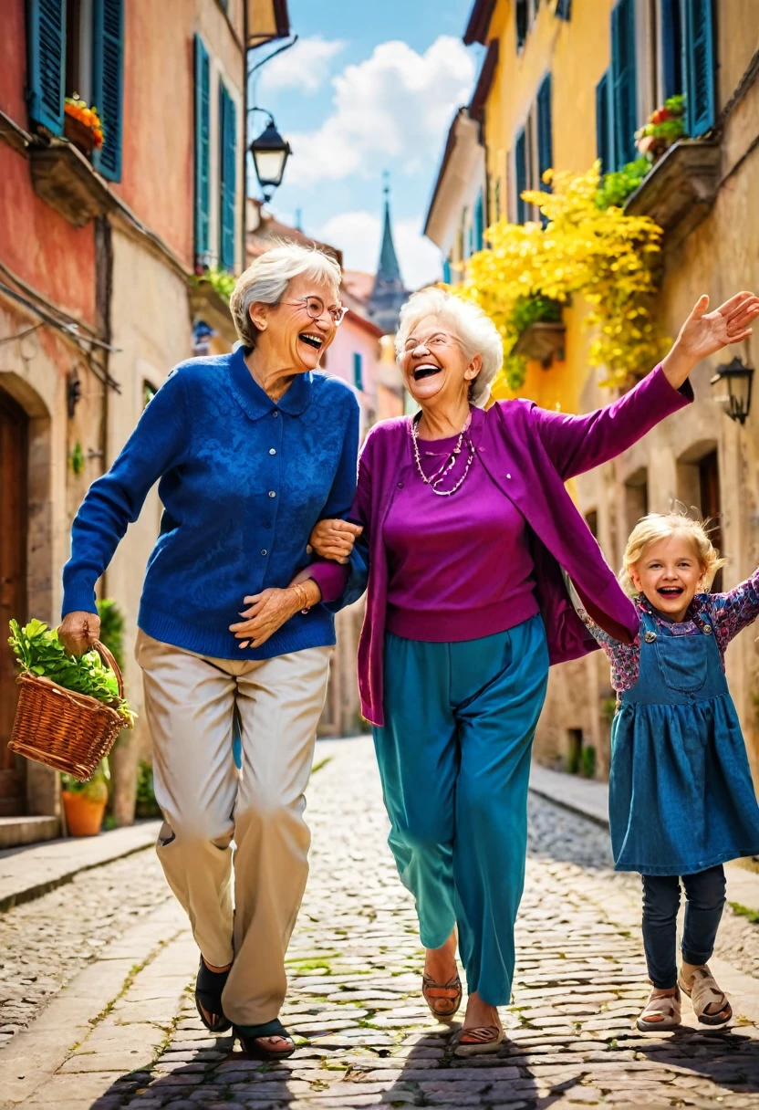 Create an image depicting happy people of European descent in various settings: amidst beautiful nature and in modern cities. Show joyful ren, grandmothers, and elderly people, expressing love, joy, and happiness. It's important to convey an atmosphere of harmony and warmth. Include bright and vibrant colors to emphasize the positive emotions and life energy.