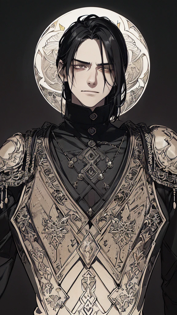 Highest quality, (background_detailed), expensive_Contrast, detailed_original_figure, Warrior, Muscular, Villain Face, Armor, full_body, Medieval, Wrinkles between the eyes, Young people, 20-year-old male, dark_stitch_landscape, (dramatic_Lighting:1. 25), (Shaded_background:1.2), black_hair, (short black hair:) 1.1 ), Big numbers, Delicate face, Wicked Smile, Sharp eyes, Black background, (Black background:1.5), Beautiful line art, 白black