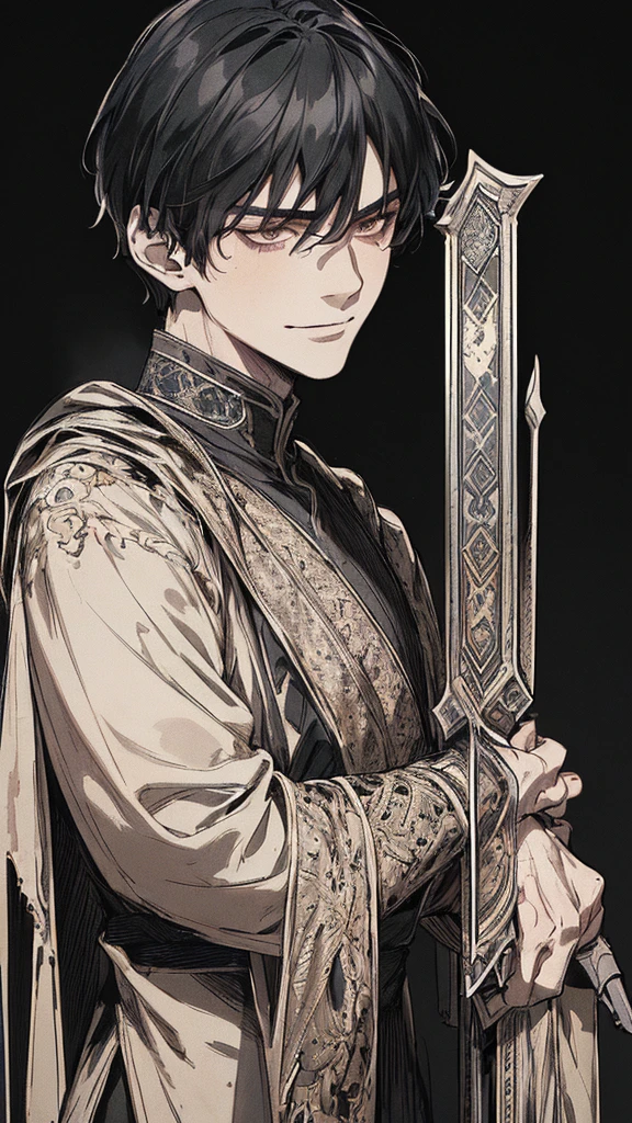 Highest quality, (background_detailed), expensive_Contrast, detailed_original_figure, Warrior, Muscular, Villain Face, Armor, full_body, Medieval, Wrinkles between the eyes, Young people, 20-year-old male, dark_stitch_landscape, (dramatic_Lighting:1. 25), (Shaded_background:1.2), black_hair, (short black hair:) 1.1 ), Big numbers, Delicate face, Wicked Smile, Sharp eyes, Black background, (Black background:1.5), Beautiful line art, 白black
