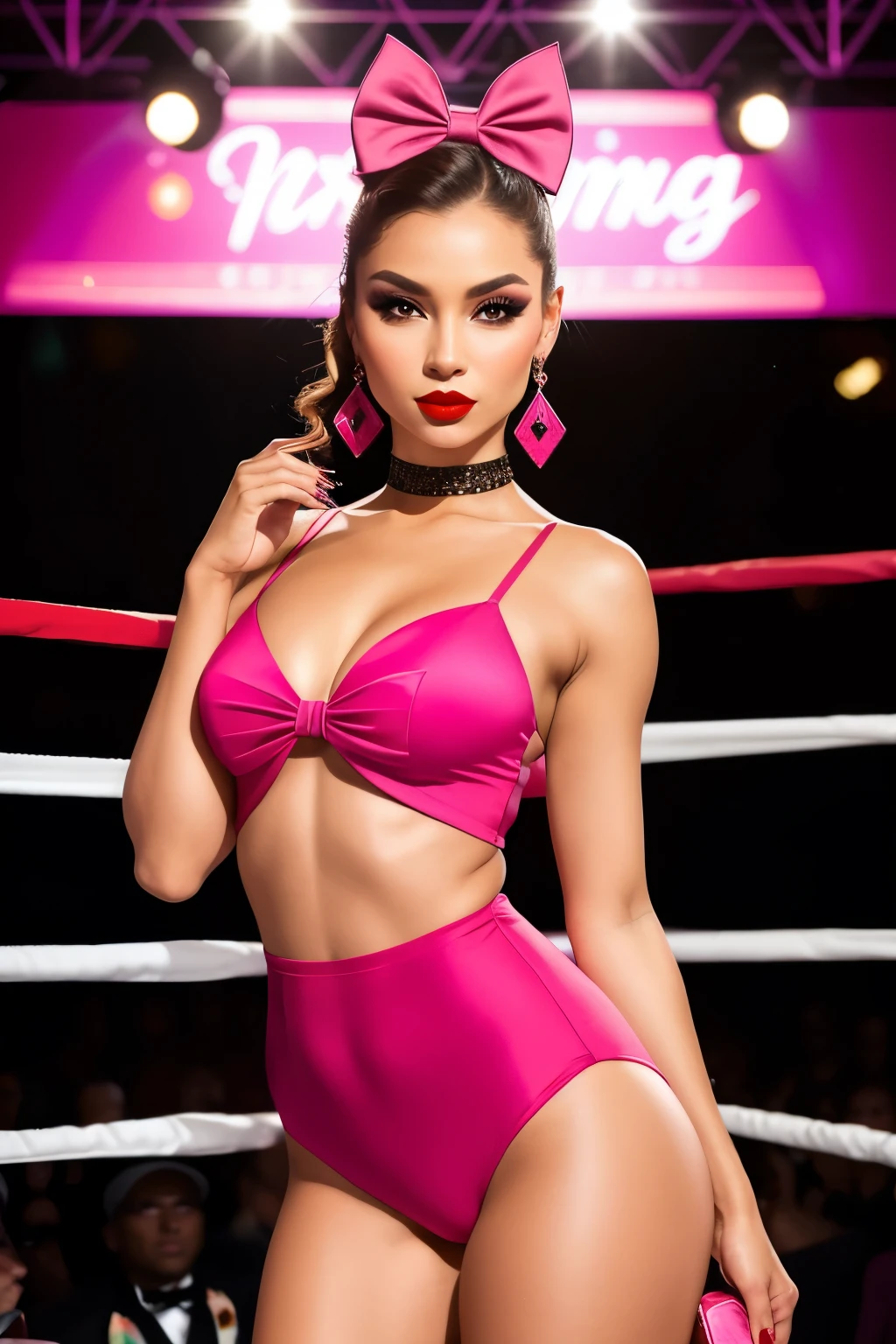 A radiant young woman, exuding confidence and charm, is captured in a full-body shot within a vibrant boxing ring. Clad in a striking pink leotard, she seamlessly complements her shiny pantyhose and matching pink high heels, which add an alluring touch to her overall appearance. Meticulously styled with a pink bow in her upswept hairstyle and dainty earrings adorning her ears, she perfectly embodies an elegant yet fierce persona. Her features are accentuated with a bold application of full makeup, including striking red lipstick and matching nail polish, lending her an aura of intensity and allure. As she holds a round card triumphantly,