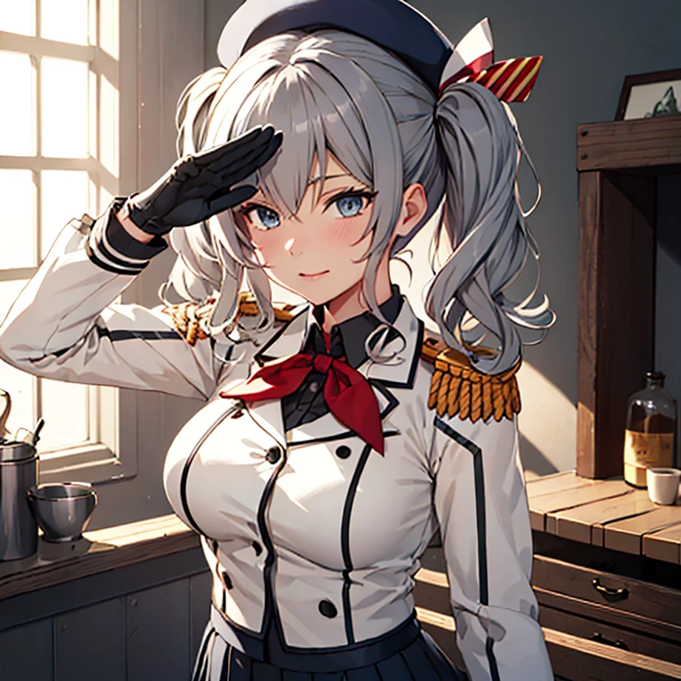 {{kashima (kancolle)}}, blue eyes, medium [[[large]]] breasts, twintails, wavy grey hair, military uniform, dark grey shirt, collared shirt, dark beret, epaulettes, jacket, long sleeves, red neckerchief, pleated grey skirt, white gloves,{{{game cg}}}, year 2023,
,kashimadef,twintails,grey hair,(masterpiece:1.4),(best quality:1.4), (amazing), (great illustration:1.4), (ultra-detailed:1.4), (art CG, 8K),1girl solo,salute self,standing,Headquarters,woody