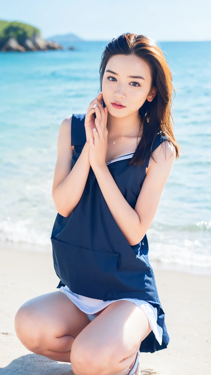 (((Top-down configuration:1.33)))、((No underwear:1.55))、One Girl、Beautiful and detailed eyes and face、barefoot、20 year old cute Japan woman, ((Extremely precise and accurate anatomy:1.0)), (photo Realistic:1.4), (hyper Realistic:1.4), (最高品質のRealisticな肌の質感:1.4), (Improvement of quality:1.4), (Enhances the beauty of skin texture:1.1), Clean and glowing skin, mesh, thin:1.2, (Realistic:1.3), Realisticなライティング, (Smoother lighting:1.05), (Improving the quality of cinema lighting:0.9), Backlight, A gentle light on your face, Ray Tracing, (Bright light:1.2), 32k, One Japanese woman, fine grain, Detailed face, (Film Grain:1.1),(Accentuates body lines:1.1), High resolution, Natural look, Kind eyes, Improves hair quality, Delicate light and shadow, Transparent muscles, Graceful pose, Beautiful Eyes, Sharp details, Soft light reflection, Beautiful contours, Delicate skin tone, Fine hair texture, Natural background, (((sunny day、Beach、A strong wind is blowing、Her hair and skirt are flying、Squat, Traditional navy blue sailor uniform、Open shirt、Pleated skirt、Scooping seawater with hands:1.25、splash、Sandy Beach、Light of the sun、clear blue sea、The waves crash quietly、Blue sky and white clouds、green mountain々、Beautiful Nature、The joys of youth)))、