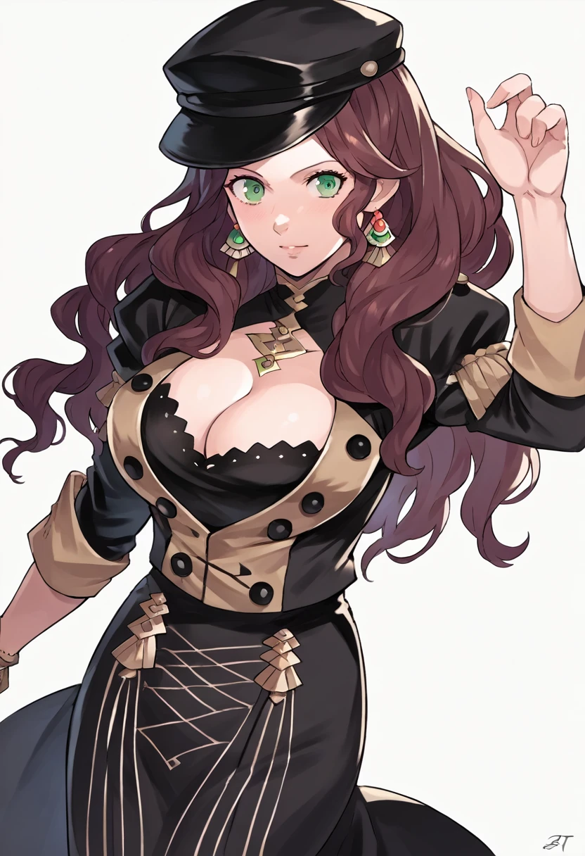 score_9, score_8_up, score_7_up, source_anime, Dorothea (Fire Emblem), black headwear, black skirt, (black long-sleeve uniform), brown hair, dangle earrings, gold trim, green eyes, jewelry, large breasts, long hair, black peaked cap, black hat, looking at the viewer, smile, closed mouth, hands on hips