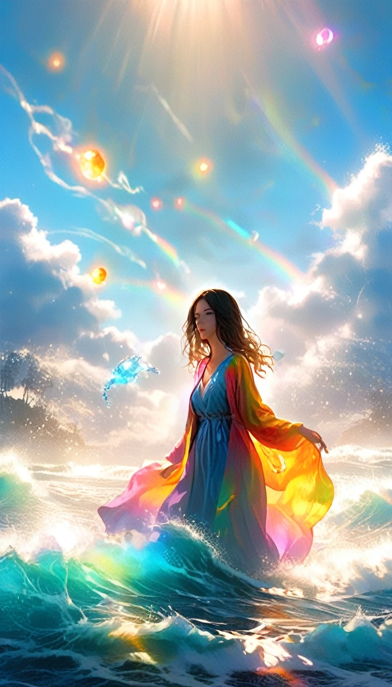 Mysterious glowing spell casting girl, ((Fantasy Rainbow Ocean)), Vibrant colors, Fantastic Light, Detailed speech bubbles, Magical atmosphere, Nice views, Dreamy atmosphere, Sparkling, Roomy robes, The magic touch, Mysterious creatures, ((Sparkling waves)), Mystical symbols, Surreal beauty, haze, There'Magic in the air, A magical moment,Mysterious atmosphere, Whimsical Creatures, Full of charm, Fairy, superpower, Fantasy World