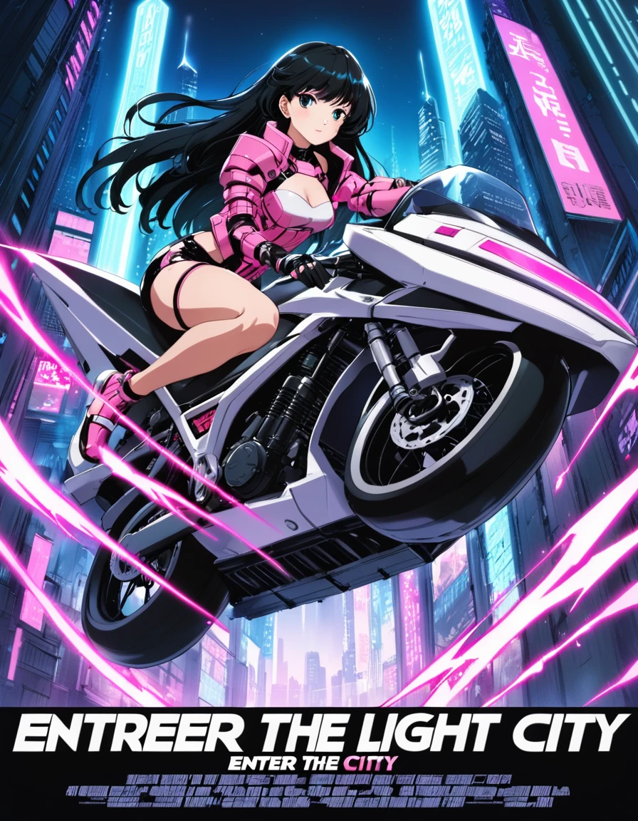 (1980s anime style), (movie poster:1.2), (title logo “ENTER THE LIGHT CITY”:1.2), cyberpunk city background, vibrant neon, cyber samurai girl, black hair, long hair, pink cyber samurai armor, (ride the cyber motorcycle) from {above|below|side|behind}