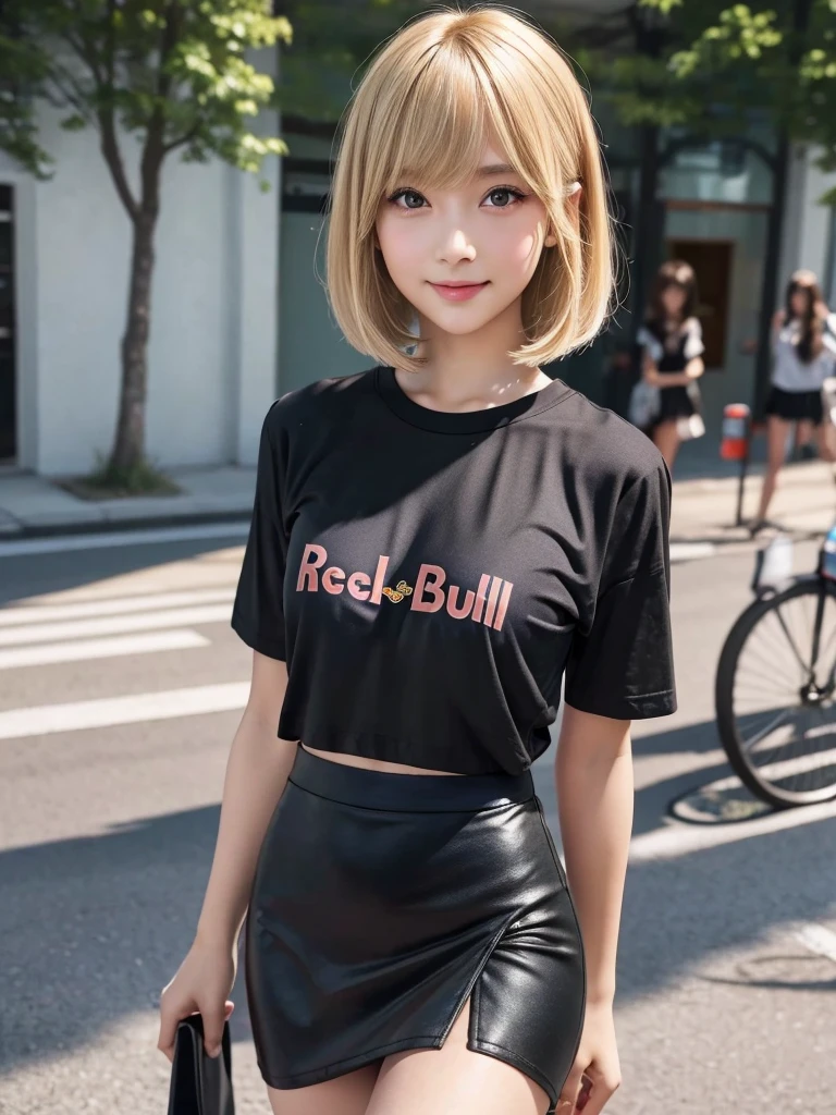 (8k, RAW Photos, Highest quality, masterpiece:1.2), (Realistic, photo-Realistic:1.4), (Highly detailed 8K wallpapers), ((Full Body Shot)), (1 girl), Sharp focus, Depth of written boundary, Cinematic lighting, Soft Light, 緻密な美しさのeye, eye_Chan, Very beautiful 17 year old girl, innocent big eyes, Realistic, photo Realistic, Highly detailed cute girl, (Thin thighs), (Model body type), 18-year-old, ((Red Bull short sleeve t-shirt)), ((Black micro mini tight skirt)), (((Fold your arms in front of your chest and act arrogantly))), ((A happy smile)), Parted lips, Watching the audience, (On the streets of Tokyo) , (Blonde),(Medium Bob Hair), (Asymmetrical bangs)