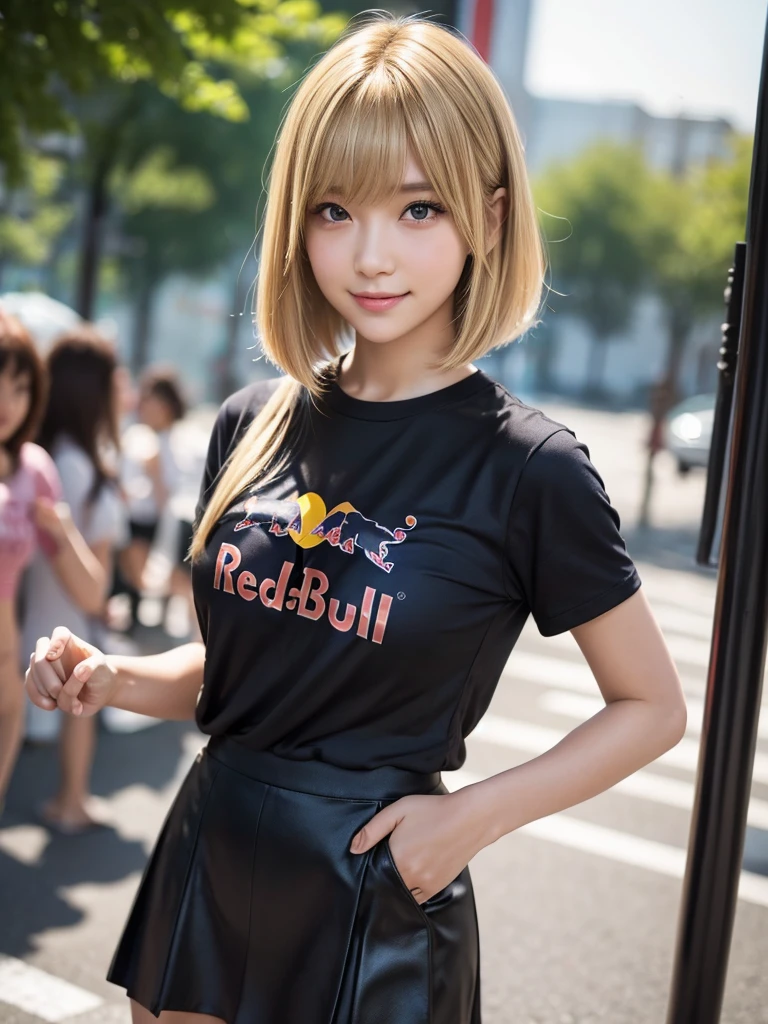 (8k, RAW Photos, Highest quality, masterpiece:1.2), (Realistic, photo-Realistic:1.4), (Highly detailed 8K wallpapers), ((Full Body Shot)), (1 girl), Sharp focus, Depth of written boundary, Cinematic lighting, Soft Light, 緻密な美しさのeye, eye_Chan, Very beautiful 17 year old girl, innocent big eyes, Realistic, photo Realistic, Highly detailed cute girl, (Thin thighs), (Model body type), 18-year-old, ((Red Bull short sleeve t-shirt)), ((Black micro mini tight skirt)), (((Fold your arms in front of your chest and act arrogantly))), ((A happy smile)), Parted lips, Watching the audience, (On the streets of Tokyo) , (Blonde),（Medium Bob Hair), (Asymmetrical bangs)