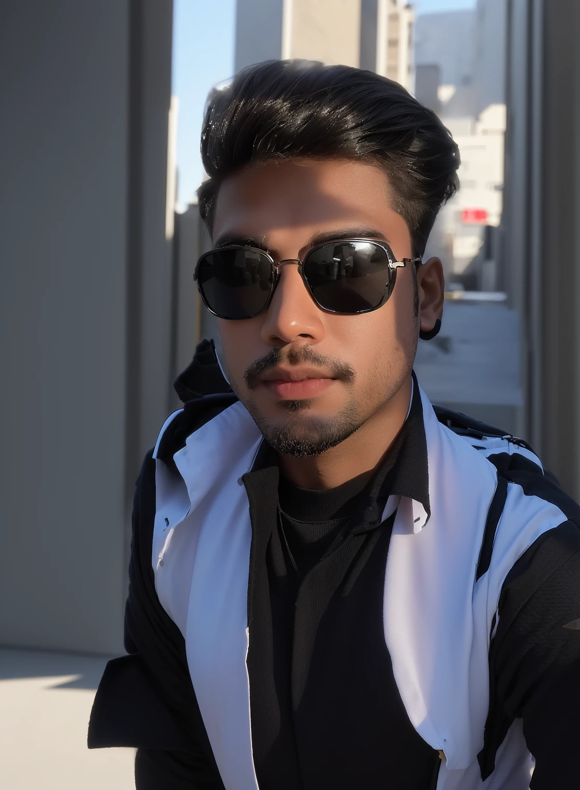 there is a man with a backpack and sunglasses taking a selfie, with accurate face, with sunglass, wearing black sunglasses, with lovely look, portait photo profile picture, profile picture, very very low quality picture, with sunglasses, without helmet, ayan nag, jayison devadas style, shot on nikon z9, in style of col price change background