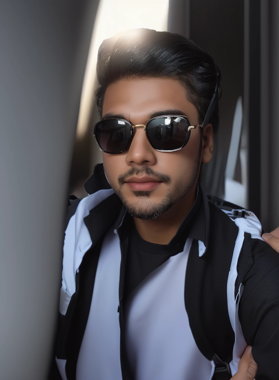 there is a man with a backpack and sunglasses taking a selfie, with accurate face, with sunglass, wearing black sunglasses, with lovely look, portait photo profile picture, profile picture, very very low quality picture, with sunglasses, without helmet, ayan nag, jayison devadas style, shot on nikon z9, in style of col price change background