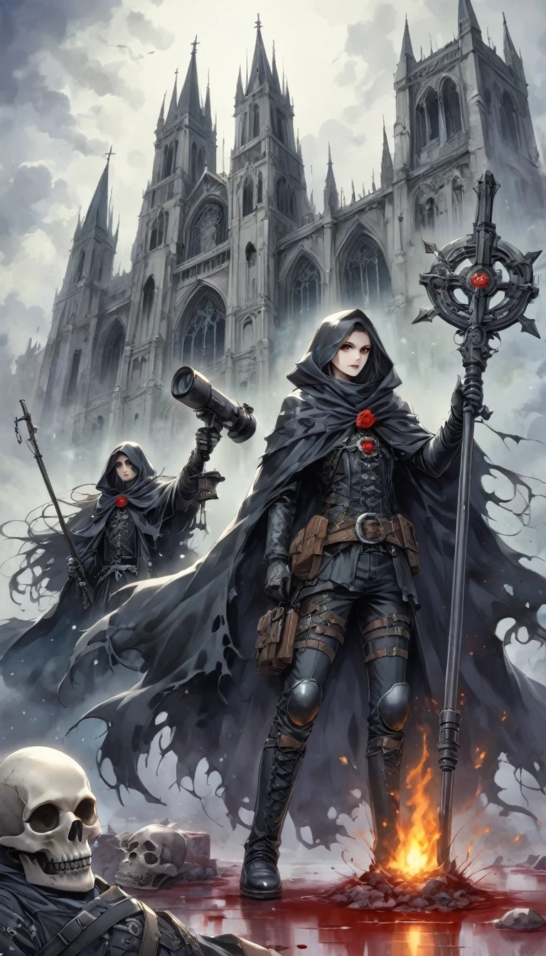 (Messenger from hell:1.4),Grim Sniper,Holding a huge sniper rifle,Viewpoint from below,hell,magma,flame,(紫色flame:1.3),There is fresh Blood on the ground,Blood pool,dripping Blood,Gothic aesthetics,one、Rose、castle、cross、Blood、Cemetery, ETC...,这些元素体现了Gothic style的神秘感、solemn、Deep Functionality。Gothic style,Gothic style,about,cloak、象征浪漫的Rose、grave、Reaper、ruins、Gothic Cathedral, ETC.,Common elements of Gothic symbols。