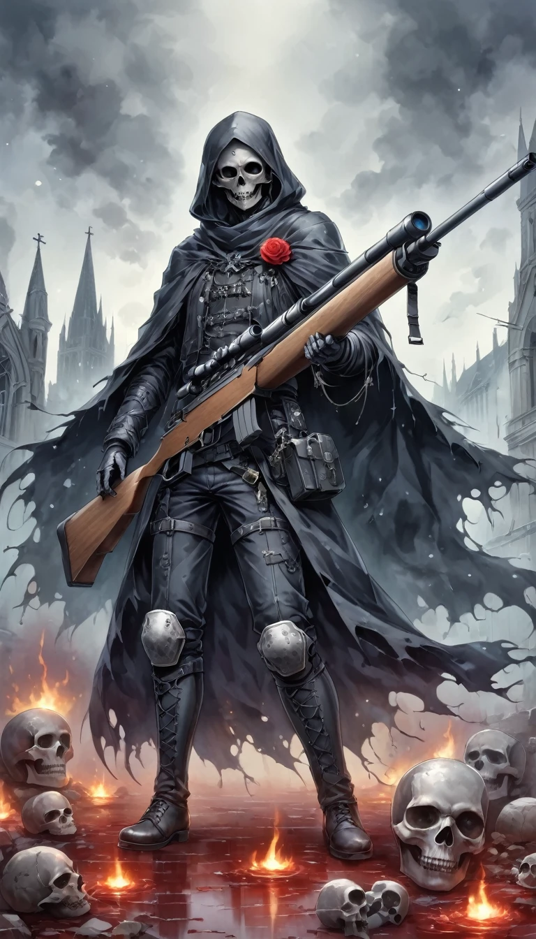 (Messenger from hell:1.4),Grim Sniper,Holding a huge sniper rifle,Viewpoint from below,hell,magma,flame,(紫色flame:1.3),There is fresh Blood on the ground,Blood pool,dripping Blood,Gothic aesthetics,one、Rose、castle、cross、Blood、Cemetery, ETC...,这些元素体现了Gothic style的神秘感、solemn、Deep Functionality。Gothic style,Gothic style,about,cloak、象征浪漫的Rose、grave、Reaper、ruins、Gothic Cathedral, ETC.,Common elements of Gothic symbols。