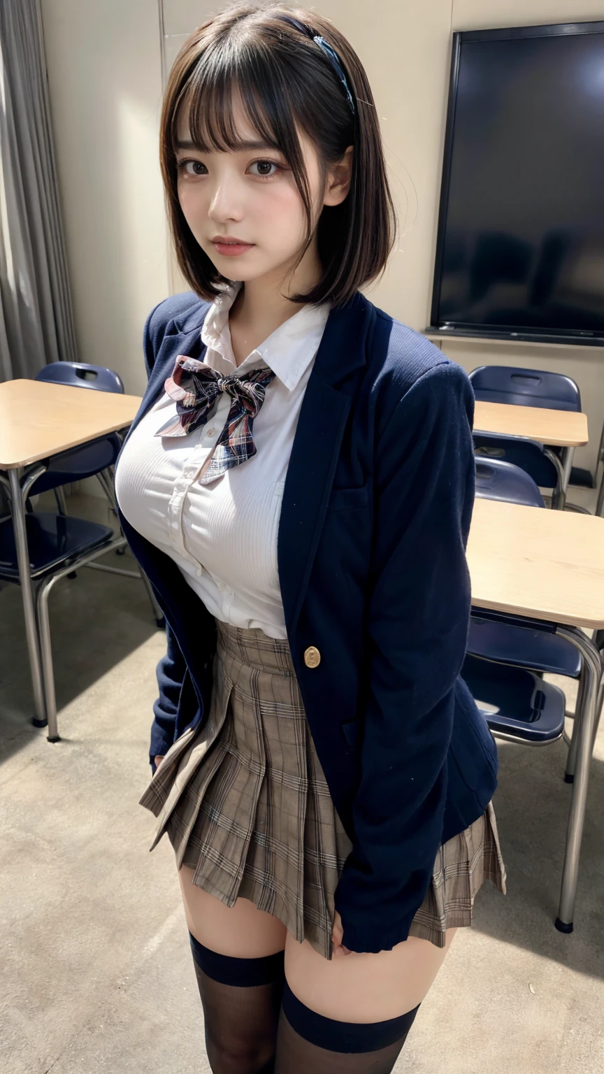 masterpiece, best quality, illustration, Super detailed, fine details, High resolution, 8K,wall paper, perfect dynamic composition,(Details High quality, realistic depiction of eyes:1.3), from side, High School Classroom、High school girl uniform、blazer 、Super Short Check Uniform Skirt、Navy blue high socks、garterbelts、Colossal tits、Disturbed uniform, short bob hair, black hair color, large breasts, Big Natural Color Lip, bold sexy pose, (perfect body shape), crying a little、cold gaze, Harajuku style、20 year old girl、cute type, beautiful legs, hposing Gravure Idol, Voluptuous thighs