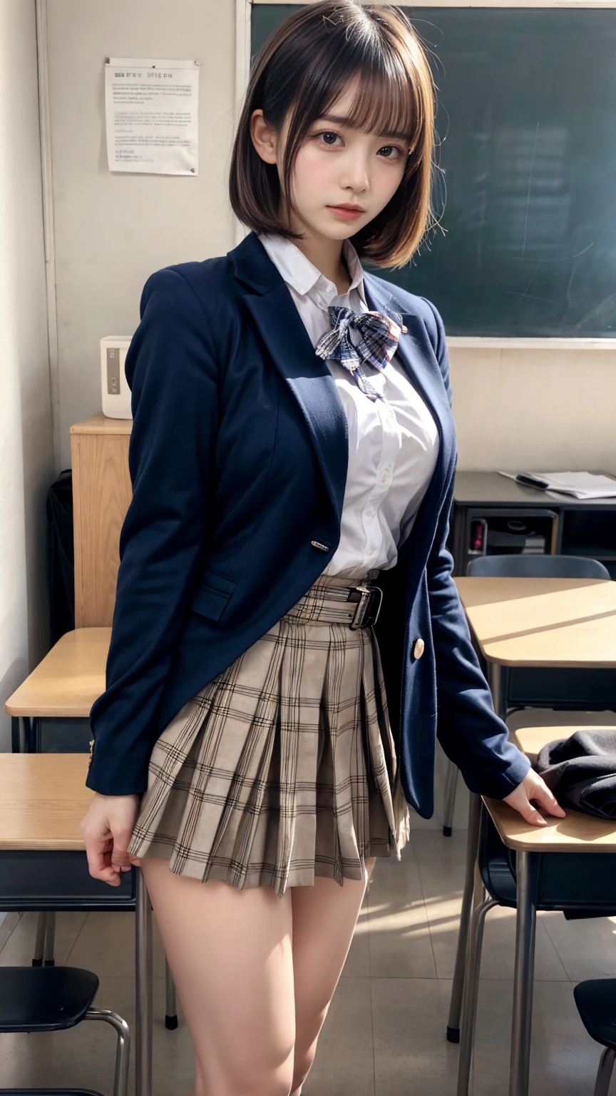 masterpiece, best quality, illustration, Super detailed, fine details, High resolution, 8K,wall paper, perfect dynamic composition,(Details High quality, realistic depiction of eyes:1.3), from side, High School Classroom、High school girl uniform、blazer 、Super Short Check Uniform Skirt、Navy blue high socks、garterbelts、Colossal tits、Disturbed uniform, short bob hair, black hair color, large breasts, Big Natural Color Lip, bold sexy pose, (perfect body shape), crying a little、cold gaze, Harajuku style、20 year old girl、cute type, beautiful legs, hposing Gravure Idol, Voluptuous thighs