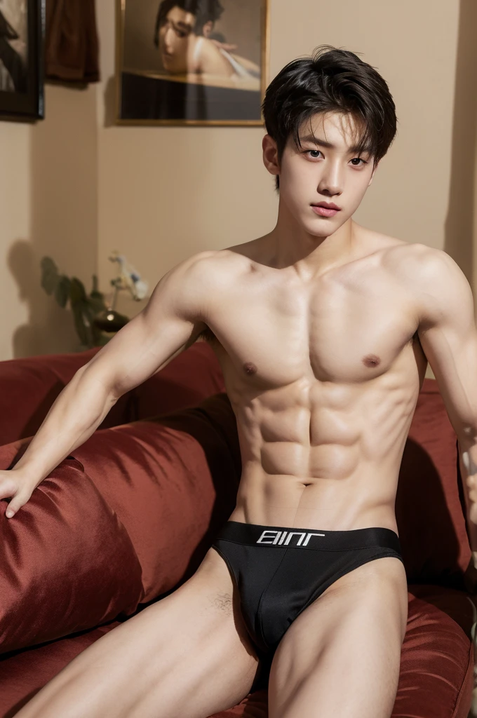 A male ager, handsome, abs, topless,Wearing thong, Sexy,Sitting sofa on a room.